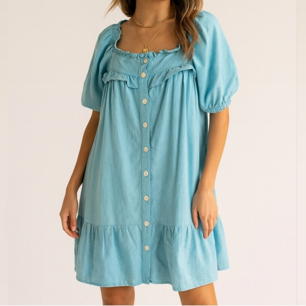 Stoney Clover Lane x Target S Blue Ruffle Babydoll Mini Dress Linen CO-2325